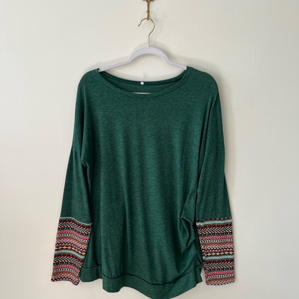 Women's Green Long Sleeve Top with Patterned Sleeves